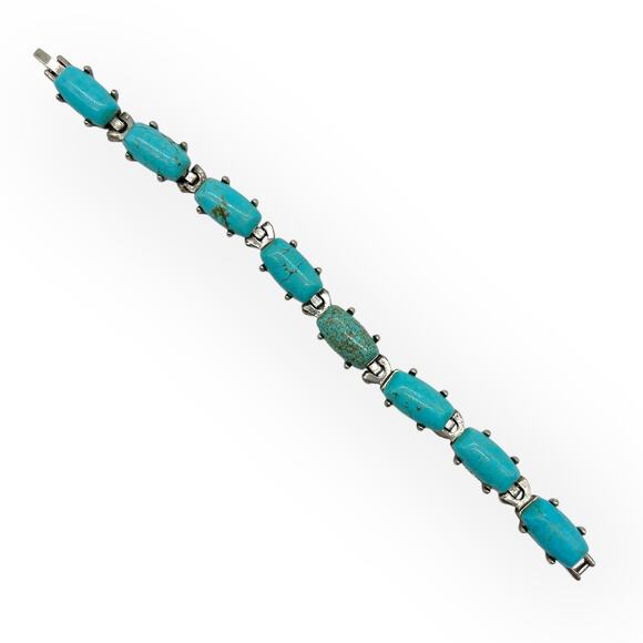 Burnished Silver Bracelet Turquoise Rectangular Semi Precious Stone Howlite - Picture 9 of 10